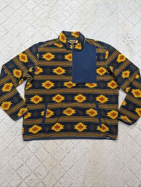 Duluth Trading Co Jacket Mens XL Blue Yellow Aztec Print ¼ Zip Fleece Pullover
